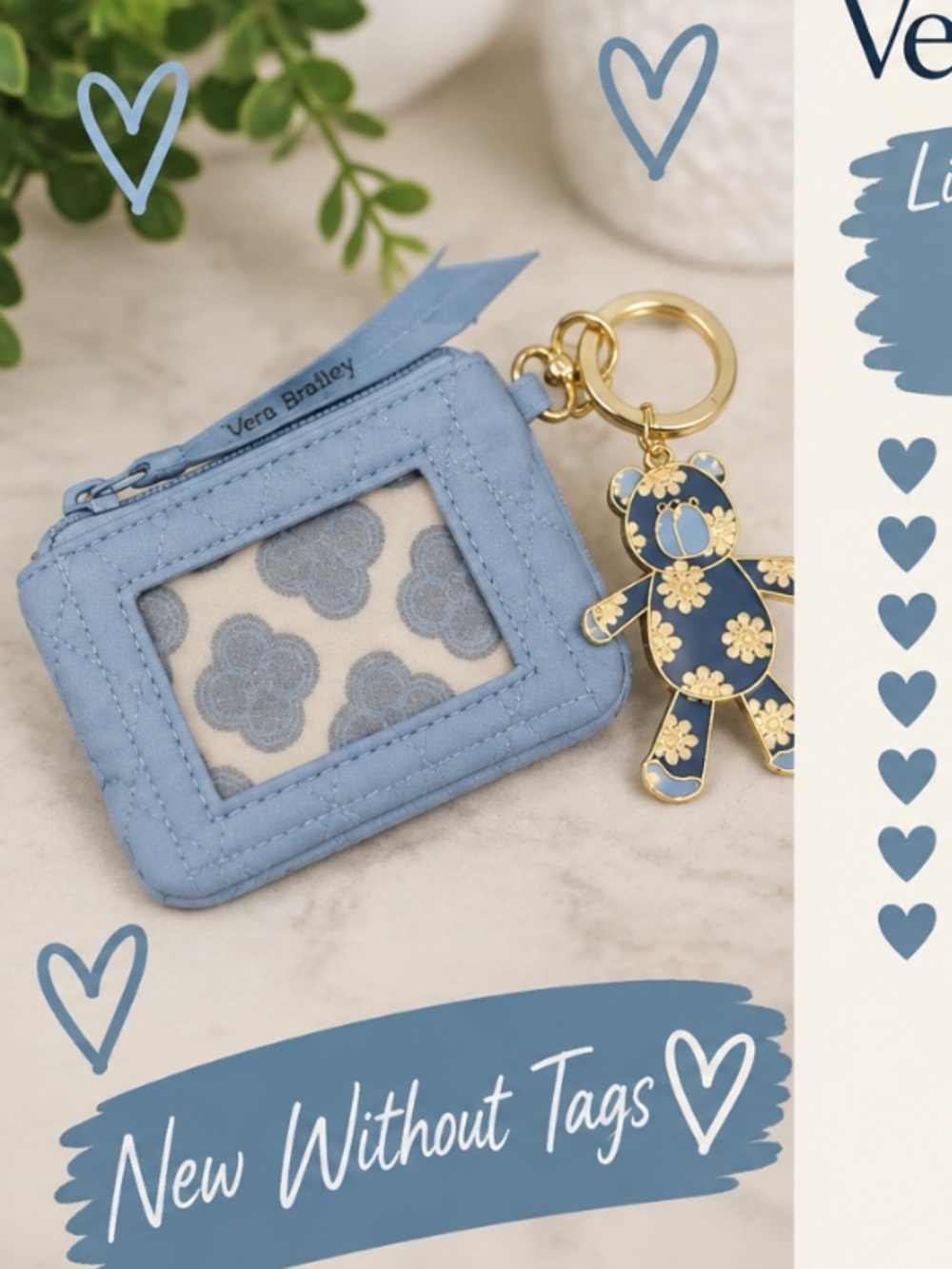 Light Blue Quilted ID Card Holder Keychain with Floral Bear Charm
